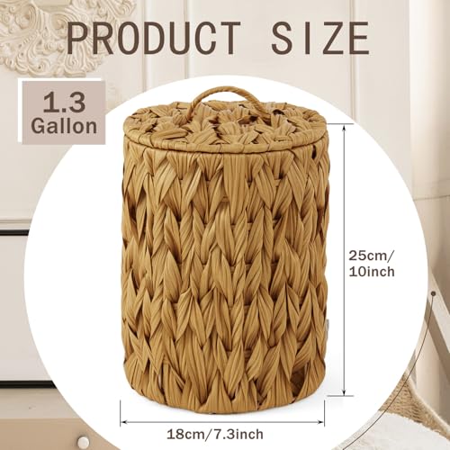 Image of Ctosree 1.3 Gallons Small Trash Can with Lid Handle Boho Woven Braided Bathroom Waste Basket Trash Can with 100 Garbage Bags for Bedroom Office Laundry(Braided Polypropylene, Caramel Color)