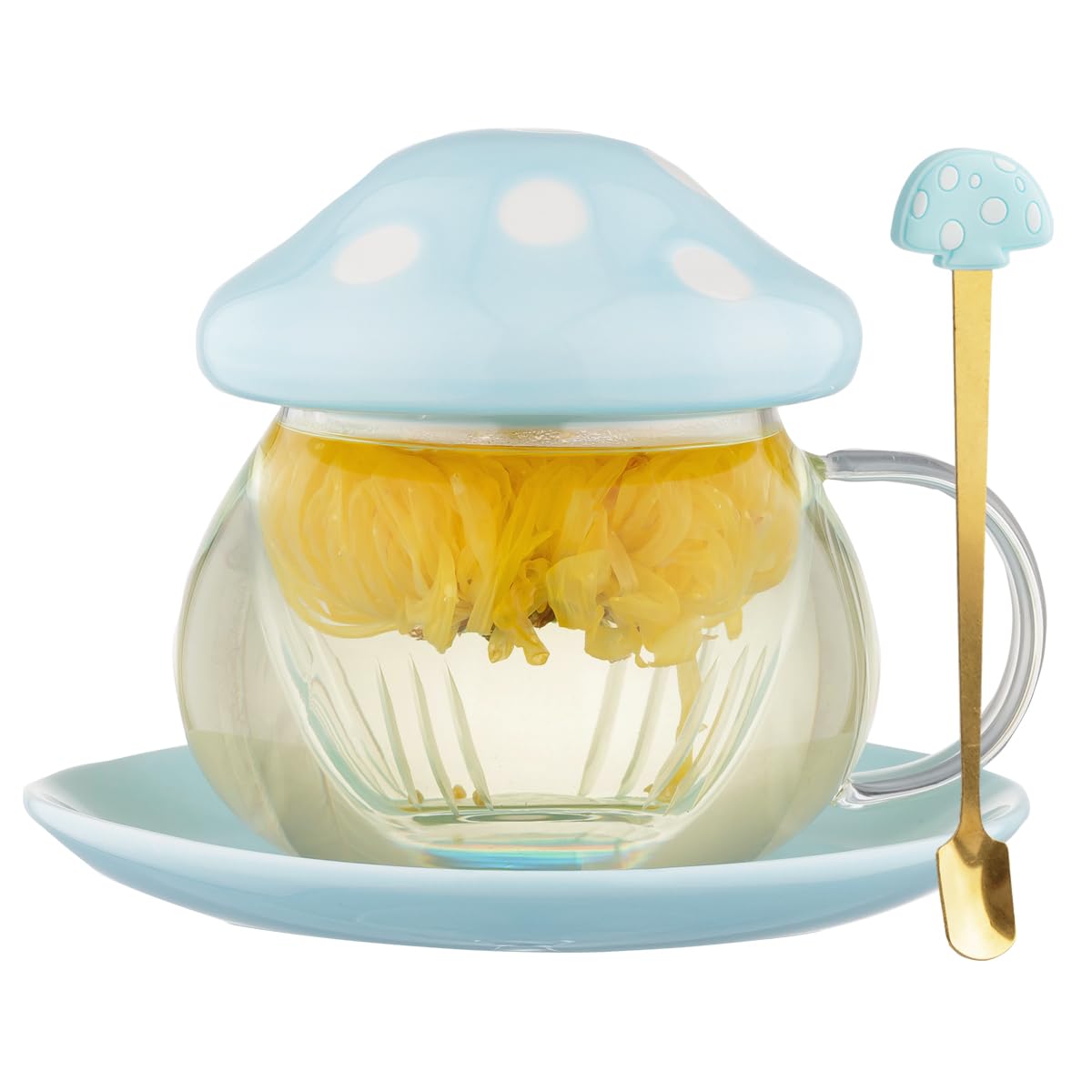 Mushroom Tea Cup Set, Cute Glass Tea Cups and Saucers, Kawaii Tea Cup with Infuser for Loose Leaf Tea Steeper, Coffee Mug Christmas Gifts for Women,Tea Infuser Mug with Lid for Mother Girls (Blue)