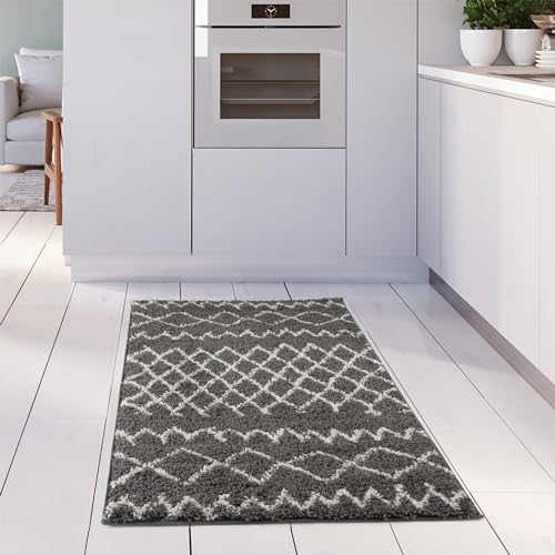 THE RUGS Modern Moroccan Design Living Room and Bedroom Rugs, Non-Shedding & Easy Care (Tangier Dark Grey/Ivory, 60x110 cm) - Image 4