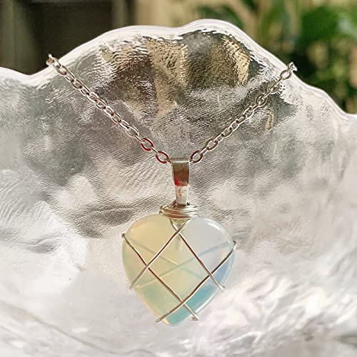 包まれた天然水晶ペンダントネックレス女性のための素敵なハート型の石振り子オパールパープルクリスタルチョーカー,オパール