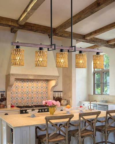 Rjieoc 5-Light harmhouse Kitchen Island Light Fixture, Linear Chandelier for Dining Room, 5-Light Rustic Pendant Light Over Table, Handmade Woven Farmhouse Wicker Chandelier - image 2