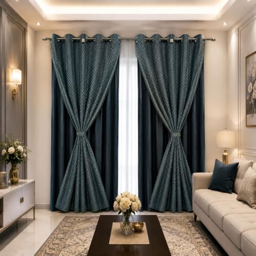 Image of Double Curtains 2 in 1 Embroidery Transparent Curtain with 80% Blackout Curtain Best for Every Interior Living Room(D Gray, 8 feet 2piece)