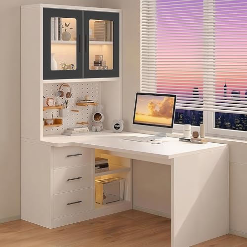 La mejor selección de Escritorios en L para Oficina los más solicitados. 43 TRIUMPHKEY Escritorio con Luces y Cajones y Gabinete Escritorio en L para Computadora Minimalista con Estante De 4 Niveles y 3 Cajones De Almacenamiento para Oficina Blanco...
