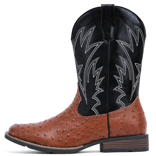 Image of IUV Cowboy Boots For Men Western Ostrich Wide Embroidered Pull On Boots | Durable & slip-resistant pull-on boots, Fashionable embroidered design, Vintage style for men, stylish for casual.