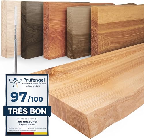 LAMO Manufaktur Étagère murale en bois massif, bord irrégulier, étagère flottante montage INVISIBLE Naturel 60cm, LW-01-A-002-60W