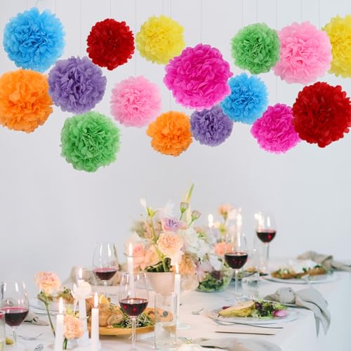 Image of BestoFun 16PCS Mexico Party Decorations Tissue Paper Flowers Pom Poms - Vibrant Multicolor Decorations for Fiesta, Cinco de Mayo, Birthday, and Mexican Themed Parties