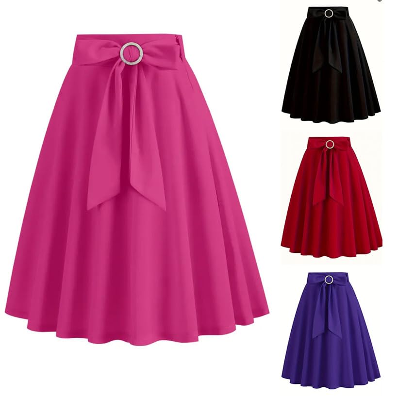 2025 Skirts for Women Trendy Vintage Flare Skirt Midi Length Casual Soft High Waisted Bow A Line Summer Skirts