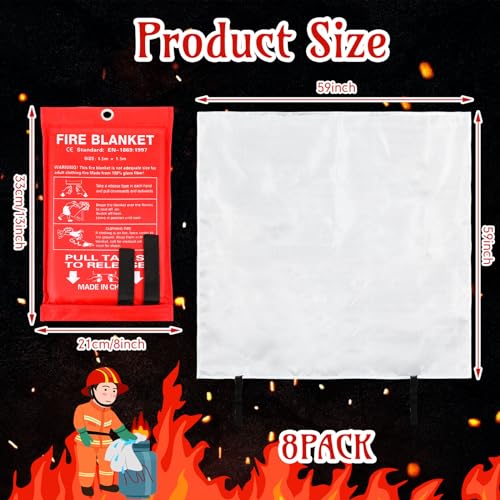 Image of 8 Pack Fire Blanket Fiberglass Fire Emergency Blanket 59 x 59 Inch Flame Retardant Fire Suppression Blanket Fireproof Emergency Survival Fire Blanket for Home Kitchen Car Office Warehouse