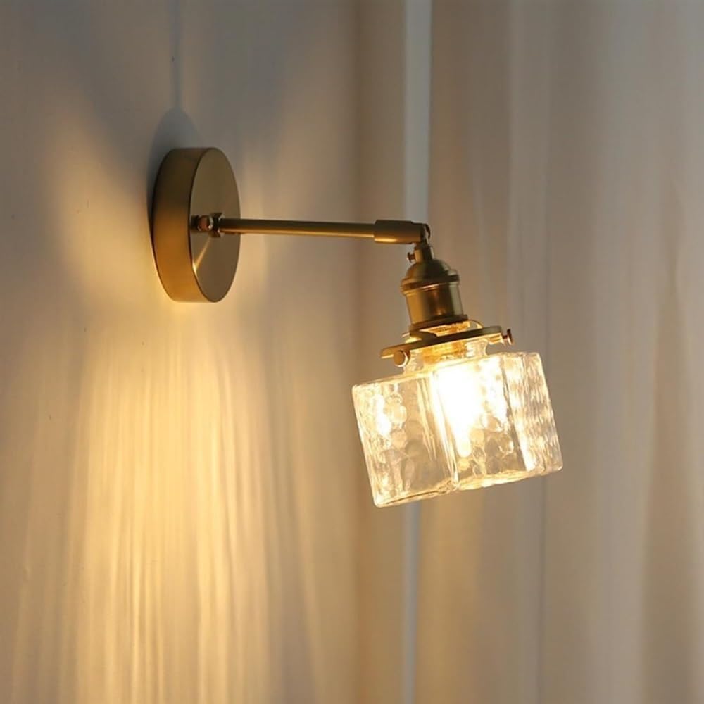 HPTHLY Square Glass Wall Sconce Gold Brass Bathroom Vanity Lamp Farmhouse Wall Mount Light Fixture For Bedroom Living Room Hallway E26/E27 Sockets
