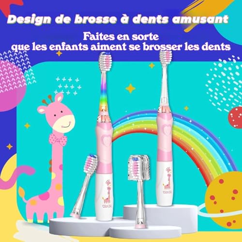 Elektrische Zahnbürste für Kinder, 3-12 Jahre, 2 Minuten Timer für gute Gewohnheiten, 4 weiche Ersatzköpfe, AAA-Batterie enthalten, farbige LED für Spaß beim Zähneputzen (Violett) – Bild 7