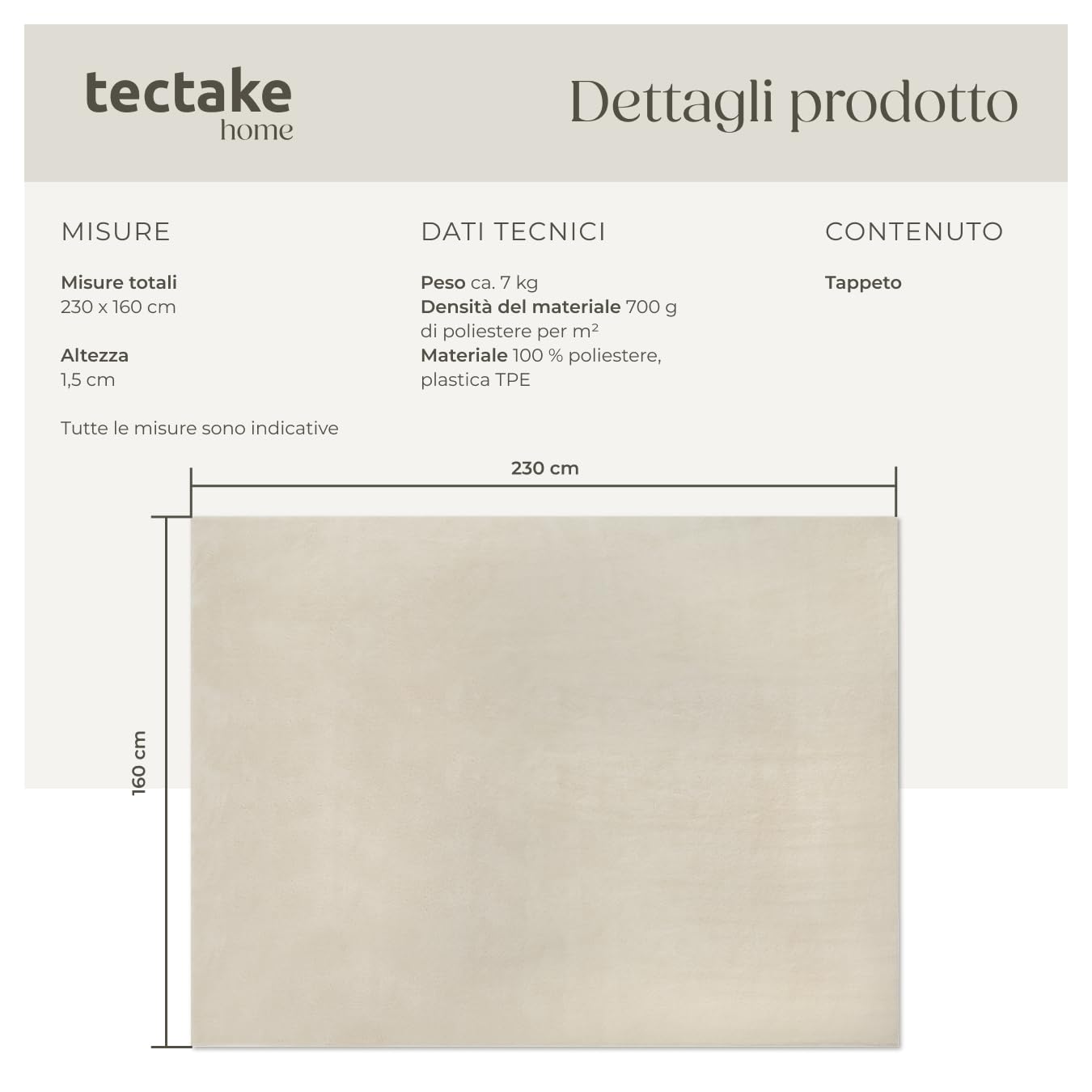 tectake® Tappeto Salotto, Tappeto Pelo Corto, Tappeti Salotto Design Elegante, Tappetino morbido, Lavabile in Lavatrice, Ideale per Sala da Pranzo, Camera, Studio, Soggiorno - Beige - 160 x 230 cm