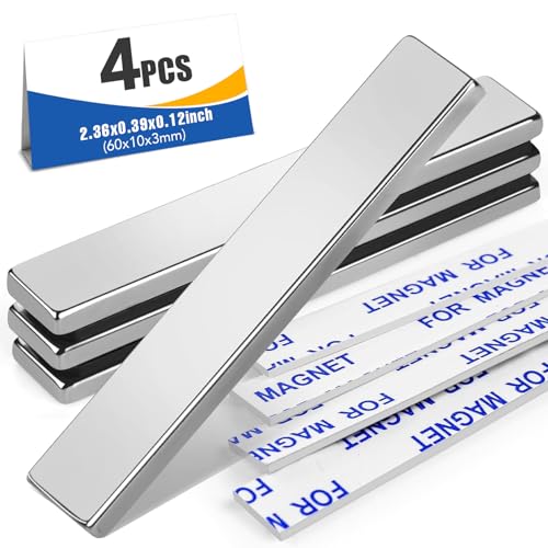 Image of MIKEDE 4 Pack Rare Earth Strong Neodymium Bar Magnets, with Double-Sided Adhesive for Craft, Fridge, Kitchen, Office - 60 x 10 x 3 mm