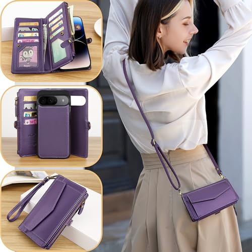 DKDKSIP for Google Pixel 9 Pro XL Wallet Case for Women, Pixel 9 Pro XL 5G Case with RFID Blocking Card Holder, Leather Zipper Wallet Detachable Magnetic Phone Case with Crossbody Strap, Purple - image 6