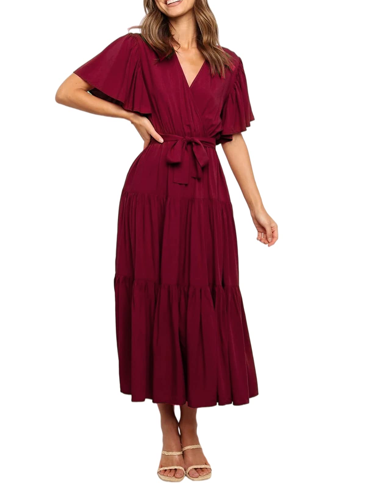 R.Vivimos Summer Dress for Women Cotton Ruffle Short Sleeves V Neck Casual Flowy Midi Dress with Belt