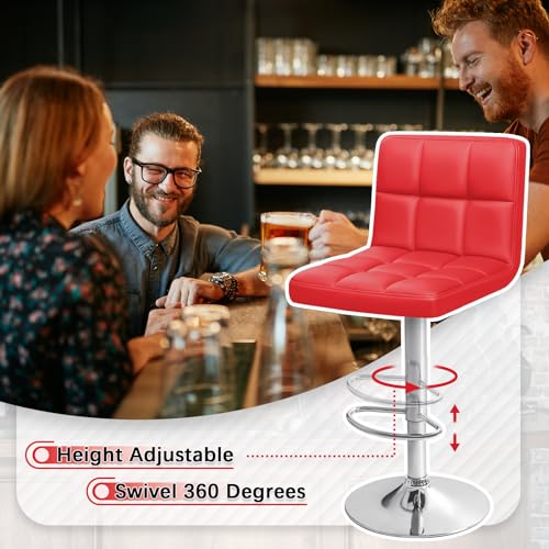 Image of Homall Bar Stools Modern PU Leather Adjustable Swivel Barstools, Armless Hydraulic Kitchen Counter Bar Stool Extra Height Square Island Barstool with Back Set of 2 (Leather, Red)