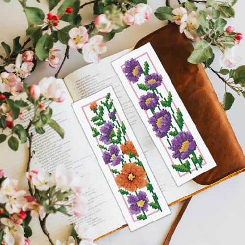Image of BEUNITONE 6 Set Floral Bookmark Cross Stitch Kits for Beginners with Instructions Floral Bookmarks Cross-Stitch Kit Stamped Embroidery Bookmark DIY Crafts Book Marker for Book Lovers 8''x2.4'' 11CT