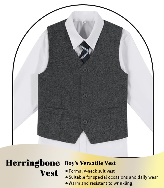 Boy's Tweed Formal Suit Vest, Herringbone Outfit for Toddler Kids Ring Bearer Pageboy Wedding Formal Herringbone Outfit3