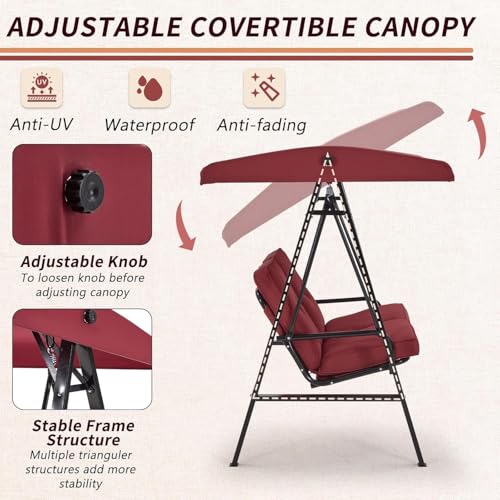Image of AECOJOY 2-Seat Outdoor Patio Swing Chair with Adjustable Canopy, Porch Swings Chairs for Adult, Outside Swing Bench with Removable Cushion, Suitable for Backyard, Garden, Yard, Poolside, Balcon (Red)