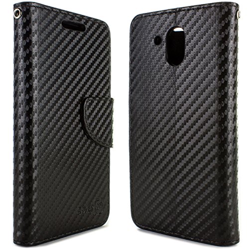 Htc Desire 526 Case, Coveron® [Carryall Series] Flip Folio Card Slot Pouch Cover Lcd + Strap + Stand Design Wallet Case For Htc Desire 526 - Black Carbon Fiber #TOP6