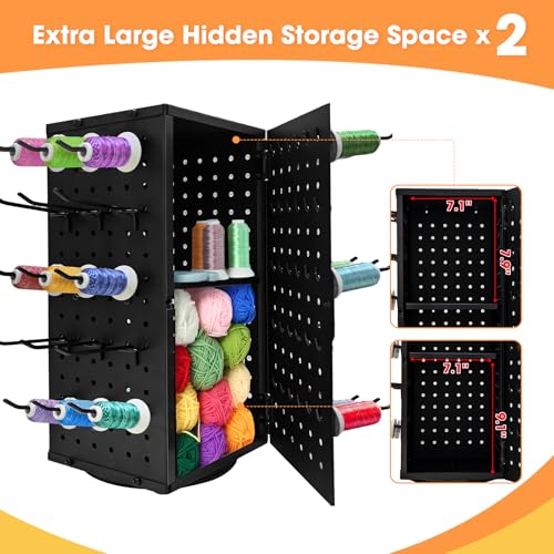 Image of Metal 360 Fully Rotating Thread Rack, Detachable Thread Holder Organizer with Inner Storage Compartments for Sewing, Embroidery, Hair-braiding and Jewelry (Black)