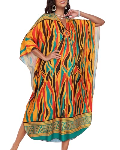 Image of JILUVIN Kaftan Dresses for Women Plus Size V Neck Caftans Long Batwing Sleeve Beach Cover Ups Summer Floral Print Dress 2026 (Green Red Stripes,One Size)