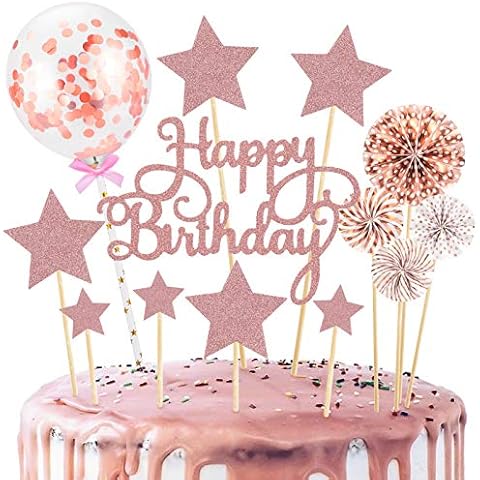 Kiiwah 14pcs Happy Birthday Cake Topper Paper Fans Confetti Balloon Acrylic Cupcake Topper for Birthday Cake Decoration (Rose Gold) Cover