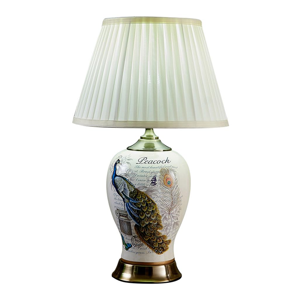 SGKOMN 22.8”American Flower And Bird Ceramic Table Lamp, Hand-Painted Chinoiserie Lamp, Fabric Lampshade Nightstand Lamp For Bedroom Living Room Office College Bookcase-A