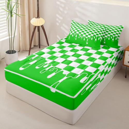 Image of Bright Green Checkered Zipper Bedding for Full - 4 Piece Zip Up Comforter Set with Fitted Sheet & 2 Pillowcases,Breathable Checkerboard Drip Y2K Aesthetic Geometric Bed in a Bag,All Season Lightweight