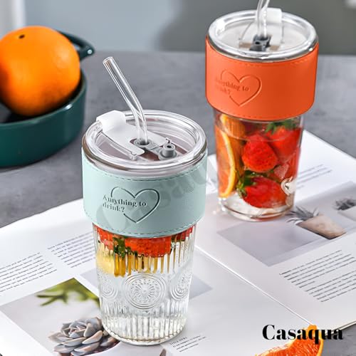 Image of Drinking Glass with Lids and Straw - 400ml, Set of 1, Fruit Juice Cups, Glass with Lids and Straws, Wide Neck, Coffee Glass for Coffee, Smoothie, Milkshake, Juice (Random Design, Multicolor)