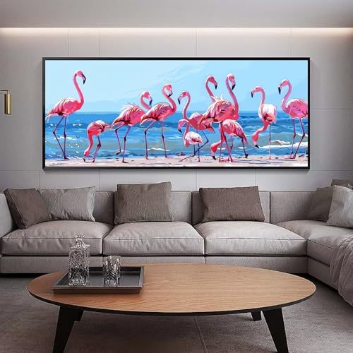 Peinture Diamant Grand Format Salon Déco Broderie Flamants Roses 250 x 90 cm