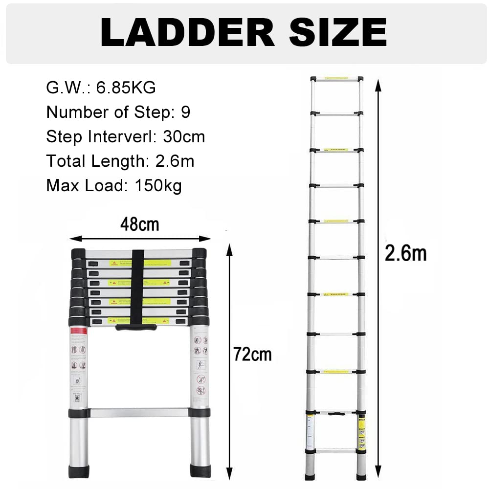 Escalera telescópica de aluminio de 2,6 m, antideslizante para el ático extensible, 9 peldaños y fácil de llevar, capacidad de carga de 150 kg