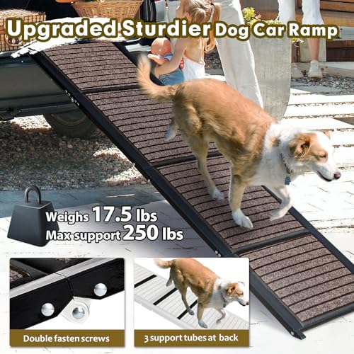 Extra Long 67\" Wide 19.7\" Dog Car Ramp, Outdoor Dog Ramp with Anti-Slip Surface for Dogs to Get Into Car,SUV,Truck & Porch Steps, Folding Pet Stairs Ramp for Medium & Large Dog Up to 250LBS (Coffee)