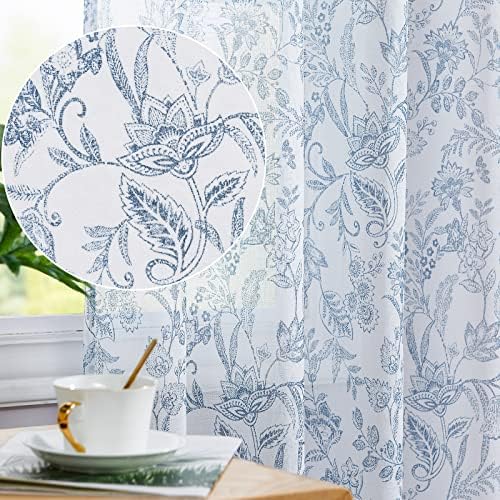 Lazzzy Sheer Curtains 84 Inch Length 2 Panels Set Farmhouse Floral Curtains Living Room Laundry Room Dining Room Bedroom Curtains Window Treatments Rustic Semi Sheer Curtains Rod Pocket Blue on White