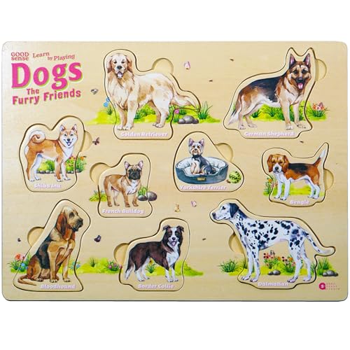 Preschool Learning Activities: Montessori Pegged Puzzles, Wooden Puzzles for Toddlers Dog, Enhance Skills, Pets Wooden Puzzles - Play Room Essentials & Learning Puzzles - Ideal Preschool Learning Toy.