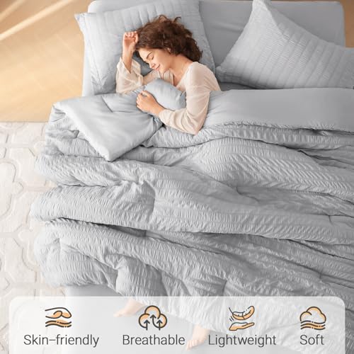 Image of MUXHOMO 7 Pieces Oversized Queen Comforter Set, Seersucker Bed in a Bag Oversized Queen Size, All Season Luxury Bedding Set with Comforter, Flat Sheet, Fitted Sheet, Pillowcases & Shams, Light Grey