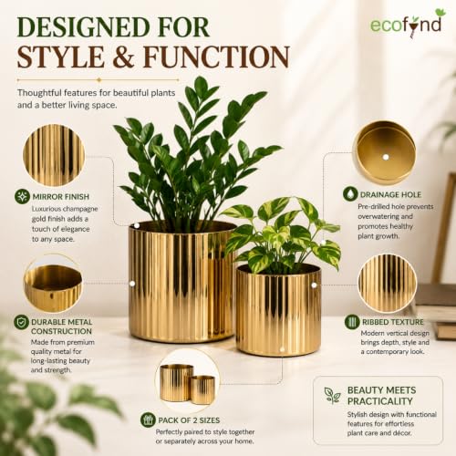 Image of ecofynd 2 Pack Metal Plant Pots (6 inch, 7.5 inch L), Indoor Small Planter Flower Pots, Home Garden Decor Planter for Living Room Bedroom Interior (Gold Finish, POT048)