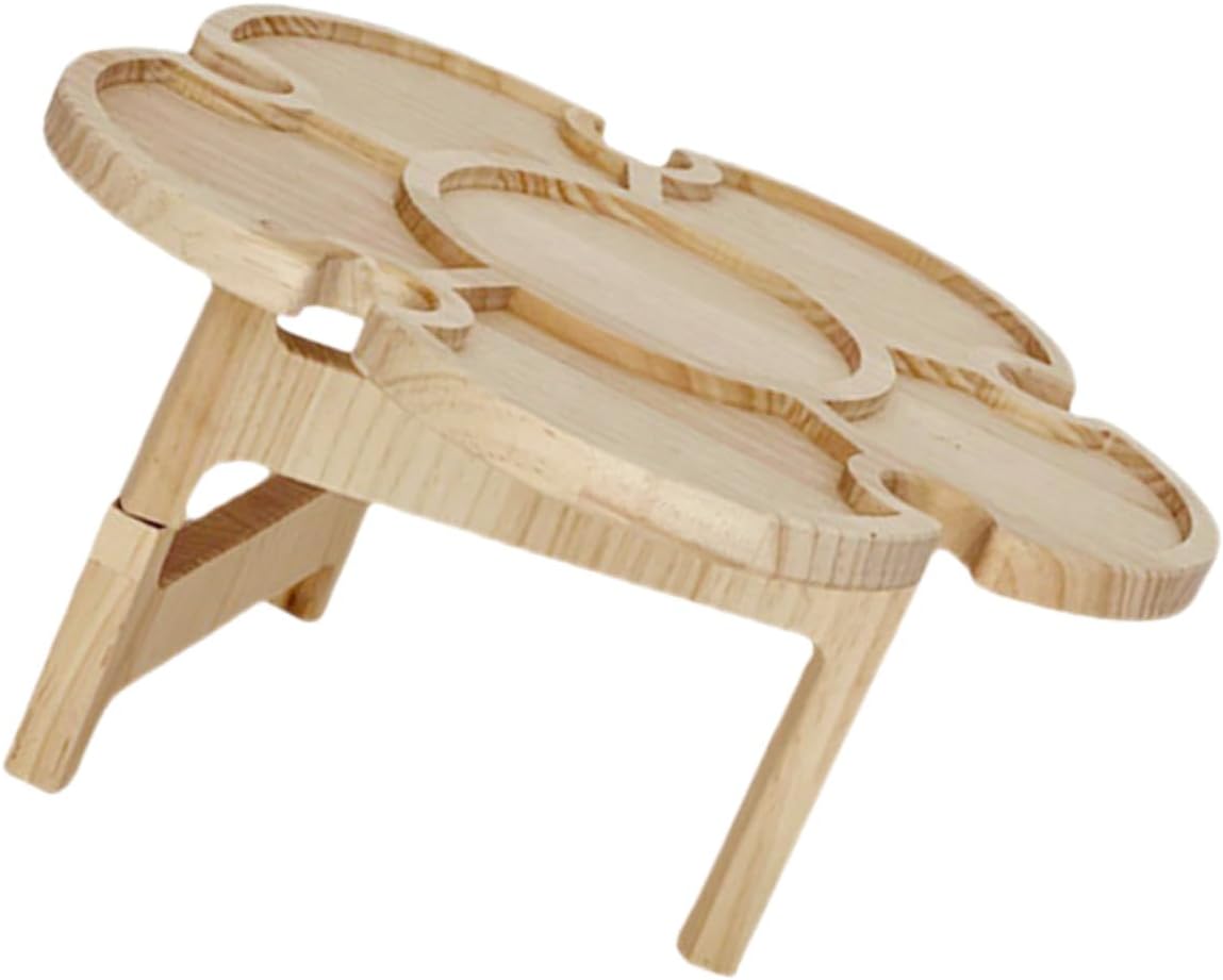 Kichvoe Portable Outdoor Folding Wine Table with Wooden Petal Tray 35cm Diameter, Travel Picnic and Beach Beverage Cup Holder for BBQ and Camping