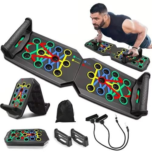 Multifunctional Push-Up Board with Resistance Bands, Handles & Carry Bag &ndash; 27 in 1 Color-Coded...