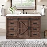 AMERLIFE 48' Farmhouse Freestanding Bathroom Vanity with Sink, Sliding Barn Doors Bathroom Vanity with Drawers & Deep Basin, Spacious Bathroom Storage, Rustic Brown