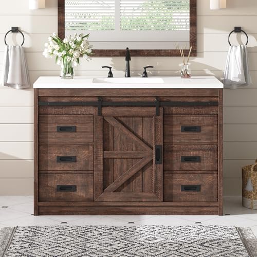 AMERLIFE 48" Farmhouse Freestanding Bathroom Vanity with Sink, Sliding Barn