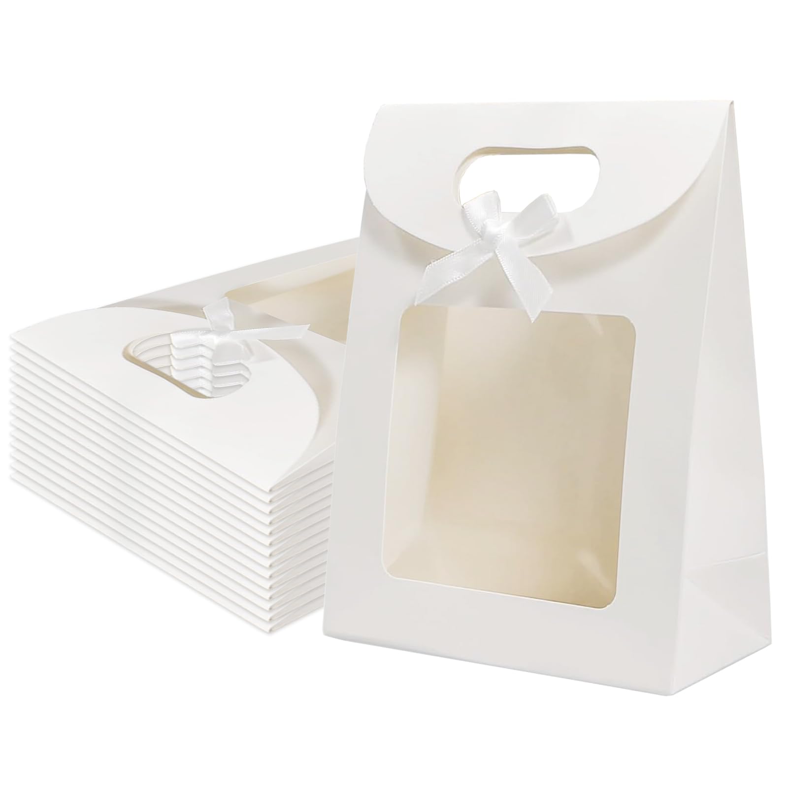 15 Pieces Kraft Paper Gift Bags with Window and 1 Sheet Sticker, Stand Up Cookie Bags, 12 x 6 x 16CM, Kraft Bag with Window Luxury for Bakery Packaging, Corporate and Festive Gifting (White)