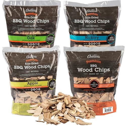 Camerons All Natural Wood Chips for Smoker 4 Pack - Apple Hickory Oak Alder -260 Cu In Bag Approx 2lbs ea - Kiln Dried Coarse BBQ Grill Wood Chips- Barbecue Grilling Variety Pack Gift Set for Men
