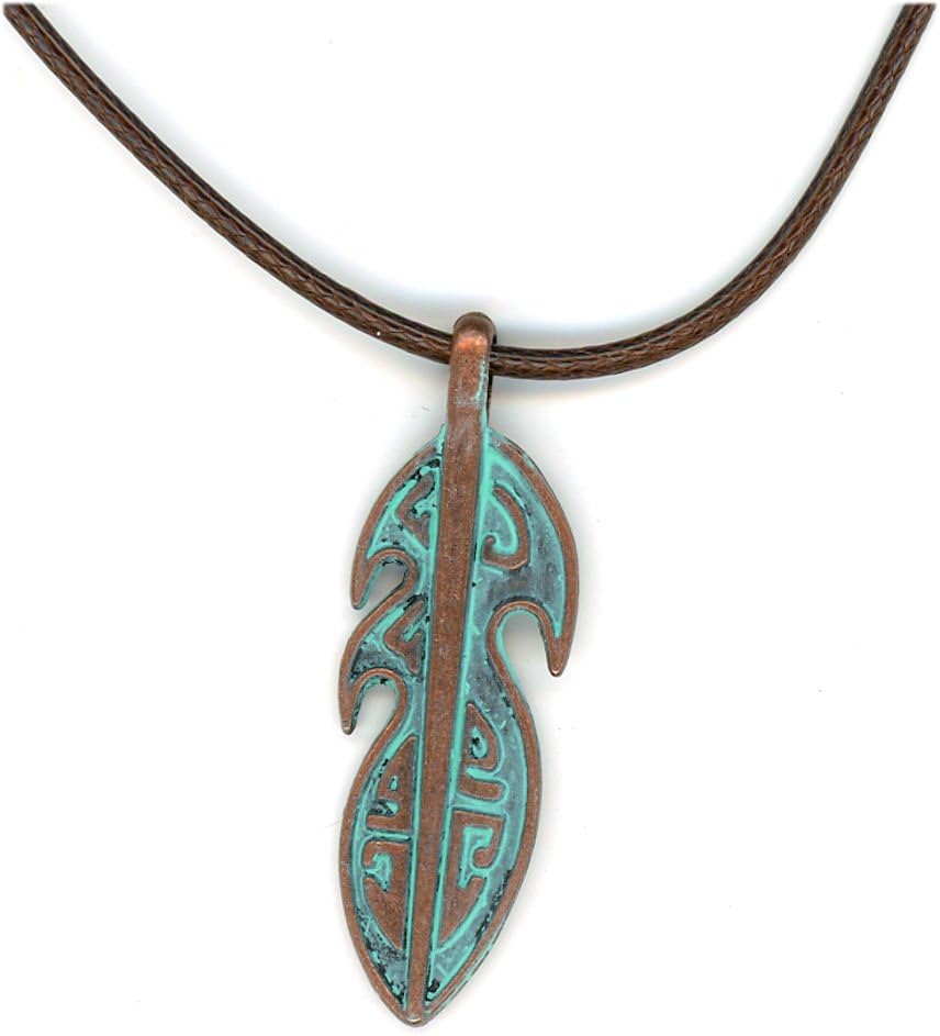 Urban Moon Copper Tone Tribal Feather Verdigris Patina Men's Pendant Necklace 18-19.5 Inches Brown Cord
