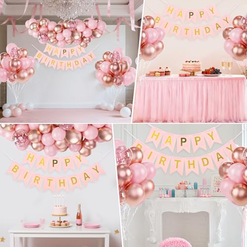 Image of Rose Gold Birthday Balloon Arch Garland Kit, 100Pcs Rose Gold Confetti Balloons, Pre-Strung Happy Birthday Banner, Elegant Party Decor for Women, Girls, Baby, Kids, Adults