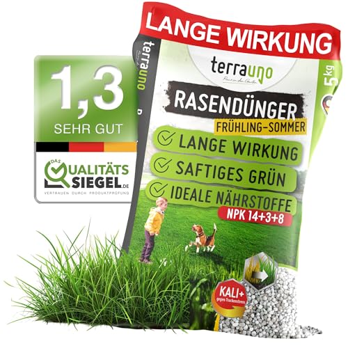 TerraUno Rasendünger Frühjahr/Sommer I Sofortwirkung für saftiges grün I 20 kg für 1000 m² I gesunder Rasen verdrängt Moos und Unkraut I NPK Dünger Rasen I Gegen Trockenstress I Für den Streuwagen