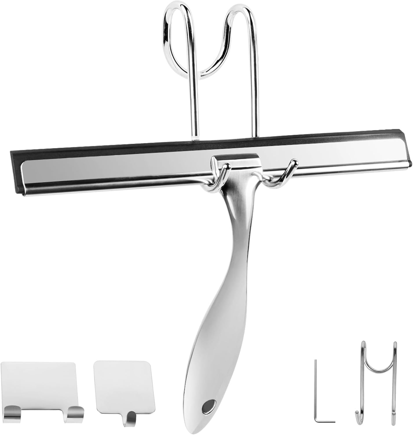 All-Purpose Stainless Steel Shower Squeegee Come with S Hook, 2 Square Sticky Hook 2 Rubber Strips Shower Squeegee for Glass Doors, Windows, Mirrors, Tiles and Car Glass -14 Inches Silver