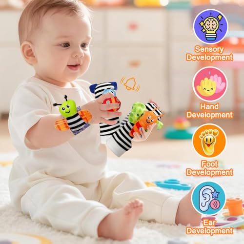 KEQAR 4 Pièces Chaussettes Hochet Bébé, Jouet d'Éveil, Bracelet et Chaussettes avec Peluche, Tissu Doux, Chaussettes Hochet Animaux pour Garçons et Filles (0-6 Mois) (A) – Image 6