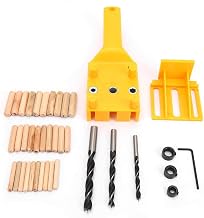 Kit de guia de perfuração de gabarito de cavilha portátil, luva de metal, perfuração de madeira de 6 mm, 8 mm, 10 mm, espaçamento ajustável de gaiola de 0 a 50 mm, ferramenta de madeira para armário de porta (38 peças)