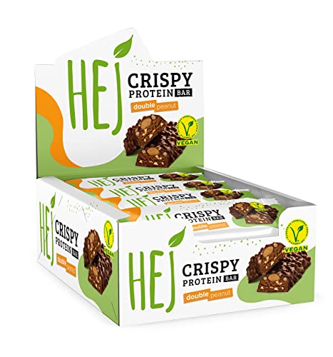 HEJ Vegan Crispy Double Peanut | High Protein Riegel, zuckerarm nur 0,8 g Zucker | schokoladiger, knuspriger Eiweißriegel, palmölfrei, Low Sugar Snack Bar | 12 Proteinriegel x 45 g