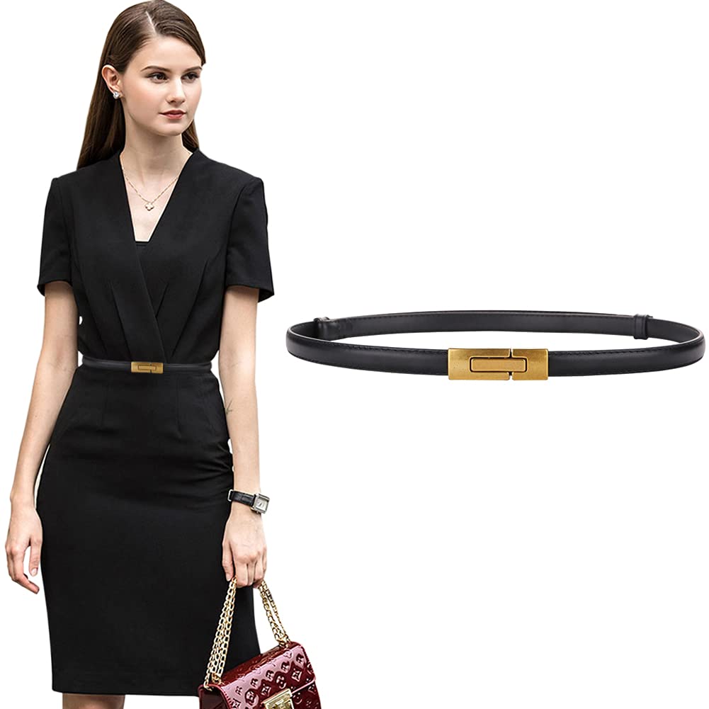 ALAIXWomen's Leather Skinny Belt for Dress Adjustable Thin Waist Belt Dress Belt with Vintage Gold Buckle
